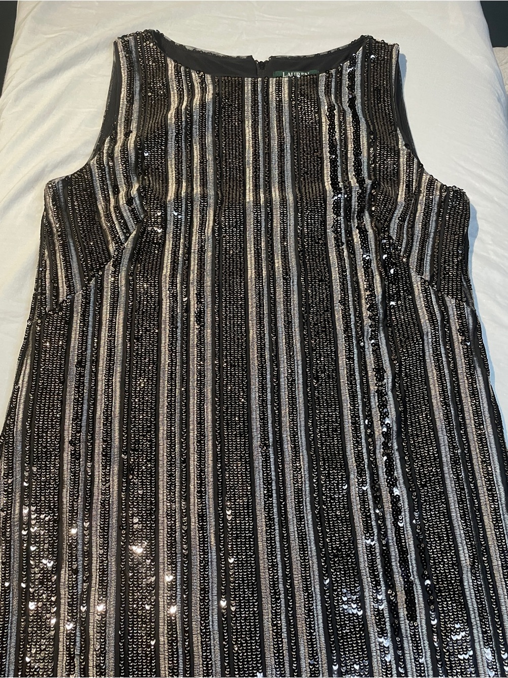 Lauren Ralph Lauren Jordinia Sequined Striped Shift Dress Black Silver GoldSZ 12